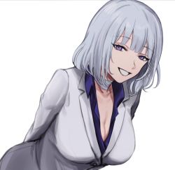 Rule 34 | 1girl, arms behind back, bandaged neck, bandages, breasts, cleavage, formal, girls&#039; frontline, grey hair, highres, jacket, korean commentary, leaning forward, looking at viewer, medium breasts, mouth hold, office lady, official alternate costume, open mouth, parted lips, purple eyes, purple shirt, rpk-16 (girls&#039; frontline), rpk-16 (renate) (girls&#039; frontline), shirt, short hair, smile, solo, suit, teeth hold, upper body, white background, white jacket, yotsuyama (yomo8ama)