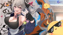 Rule 34 | 1girl, absurdres, anchor symbol, azur lane, black gloves, black nails, black ribbon, blue jacket, blush, bottle, breasts, cleavage, cleavage cutout, clothing cutout, commentary, cone hair bun, copyright name, covered navel, english commentary, fang, fingerless gloves, gloves, graffiti, grey hair, hair bun, hair ribbon, highres, holding, holding bottle, jacket, large breasts, logo, long hair, long sleeves, looking at viewer, manjuu (azur lane), meme attire, mirea, official art, open clothes, open jacket, open mouth, partially unzipped, purple eyes, ribbon, san francisco (azur lane), second-party source, smile, solo, spray bottle, spray paint, sunglasses, teeth, twintails, upper body, upper teeth only, v, watermark