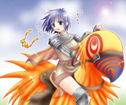Rule 34 | 1girl, animal, armor, armored boots, bird, blue eyes, blue hair, boots, brown cape, cape, chainmail, commentary request, cross, feet out of frame, fingerless gloves, gauntlets, gloves, goggles, grey socks, hachipocchi, kneehighs, knight (ragnarok online), lens flare, looking to the side, open mouth, oversized animal, pauldrons, peco peco, ragnarok online, reins, riding, riding bird, saddle, short hair, shoulder armor, socks, translation request