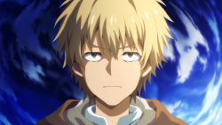 Rule 34 | 1boy, blonde hair, blue background, brown eyes, brown hood, closed mouth, commentary, english commentary, fog (erpr3844), hamazura shiage, highres, looking at viewer, male focus, serious, shirt, short hair, solo, straight-on, toaru majutsu no index, upper body, white shirt