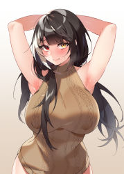 Rule 34 | 1girl, armpits, arms behind head, arms up, bechu, black hair, blush, bottomless, breasts, commentary request, covered erect nipples, girls&#039; frontline, gradient background, heterochromia, highres, korean commentary, large breasts, long hair, looking at viewer, multicolored hair, red eyes, ro635 (girls&#039; frontline), sleeveless, sleeveless sweater, solo, streaked hair, sweat, sweater, white hair, yellow eyes
