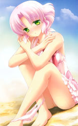 Rule 34 | 1girl, absurdres, barefoot, beach, blush, cafe sourire, cloud, cloudy sky, collarbone, crossed legs, day, dress, feet, green eyes, highres, looking at viewer, mizushima kasumi, natsume eri, outdoors, panties, panty pull, parted bangs, pink hair, pink panties, scan, short hair, sitting, sky, solo, sundress, underwear