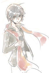 Rule 34 | 1boy, ahoge, alternate hair color, alternate hairstyle, black hair, brown hair, hair between eyes, hato moa, hatoful kareshi, jacket, looking at viewer, male focus, nanaki kazuaki, official art, open clothes, open jacket, red scarf, scarf, serious, shirt, simple background, sketch, solo, spoilers, striped clothes, striped shirt, uzune hitori, white background, wind