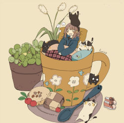 Rule 34 | 156m, 1girl, animal, animal on head, beige background, black cat, blanket, blue hoodie, brown hair, cat, checkerboard cookie, closed eyes, coffee mug, commentary request, cookie, cup, drawstring, drooling, fish, flower, food, fruit, highres, hood, hood down, hoodie, in container, in cup, long sleeves, medium hair, mini person, minigirl, mug, on head, open mouth, original, paw print, pillow, plant, potted plant, saucer, shoes, unworn shoes, signature, sleeping, spoon