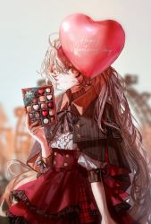 Rule 34 | 1girl, ahoge, balloon, blurry, blurry background, box, box of chocolates, brown capelet, brown eyes, brown hair, capelet, depth of field, ferris wheel, frilled shirt, frills, high-waist skirt, highres, hololive, hololive english, long hair, looking at viewer, multicolored hair, nanashi mumei, ponytail, quasarcake, red skirt, ribbon, shirt, skirt, smile, solo, streaked hair, valentine, virtual youtuber, white shirt