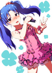 Rule 34 | 1girl, :d, blue hair, blush, bracelet, brown eyes, dress, embarrassed, idolmaster, idolmaster (classic), jewelry, kisaragi chihaya, long hair, microphone, necklace, open mouth, ribbon, sayuu hanten, scrunchie, smile, solo, twintails, v
