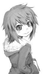 Rule 34 | androgynous, blush, fur trim, gender request, greyscale, hands in pocket, hands in pockets, hetza (hellshock), hood, hoodie, jacket, looking at viewer, monochrome, nagai gojitsudan no nechronica, short hair, simple background, smile, solo, white background