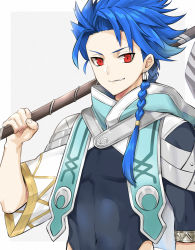Rule 34 | 1boy, absurdres, asymmetrical bangs, asymmetrical clothes, blue hair, bodysuit, bodysuit under clothes, braid, braided ponytail, closed mouth, covered navel, cu chulainn (fate), earrings, fate/grand order, fate/grand order arcade, fate (series), grin, high collar, highres, jewelry, long hair, looking at viewer, male focus, muscular, muscular male, okuno naru (exoprsa), ponytail, red eyes, setanta (fate), simple background, skin tight, slit pupils, smile, solo, spiked hair