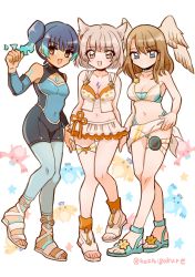 Rule 34 | 3girls, absurdres, animal ears, bikini, bikini skirt, blue hair, breasts, brown hair, cat ears, chest jewel, cleavage, eunie (xenoblade), fiery hair, full body, glowing lines, grey hair, head wings, highres, mio (xenoblade), multiple girls, navel, official alternate costume, sandals, sena (xenoblade), side ponytail, simple background, smile, standing, stomach, swimsuit, terra (hoshigokure), wings, xenoblade chronicles (series), xenoblade chronicles 3