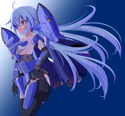 Rule 34 | 1girl, absurdres, black gloves, black skirt, blue background, blue eyes, blue hair, blush, breasts, commentary, elbow gloves, frame arms girl, gloves, hand on own hip, haruwo0096, highres, long hair, looking ahead, low twintails, mecha musume, medium breasts, sideboob, skirt, solo, stylet, thrusters, twintails, very long hair