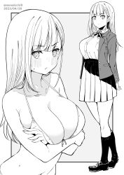 Rule 34 | 1girl, blush, bra, breasts, collarbone, commentary request, dated, full body, grey background, greyscale, highres, kichihachi, large breasts, loafers, long hair, looking at viewer, monochrome, multiple views, navel, original, pleated skirt, school uniform, shoes, skirt, socks, standing, sweat, twitter username, two-tone background, underwear, white background