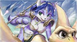 Rule 34 | 1girl, 907825, animal nose, armor, arwing, bandeau, blue hair, brown eyes, chain, chain necklace, cloud, female focus, fox, furry, furry female, gold armor, green eyes, headband, highres, jewelry, krystal, markings, miiverse, navel, necklace, nintendo, open mouth, planet, short hair, shoulder pads, staff, star fox, tribal, weapon, yellow bandeau