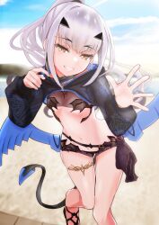 1girl :d absurdres beach bikini black_bikini breasts brown_eyes day dragon_girl dragon_tail dragon_wings eyelashes fate/grand_order fate_(series) feet_out_of_frame floating_hair forked_eyebrows green_nails grey_hair grin happy high_ponytail highres hooded_shrug jewelry kebab_(blackdoll) knees_together_feet_apart long_hair long_sleeves looking_at_viewer low_wings melusine_(fate) melusine_(swimsuit_ruler)_(fate) melusine_(swimsuit_ruler)_(first_ascension)_(fate) nail_polish navel open_mouth outdoors outstretched_hand ponytail pubic_tattoo puffy_long_sleeves puffy_sleeves sidelocks skindentation small_breasts smile solo standing swimsuit tail tattoo thighlet tsurime waving wings