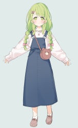 Rule 34 | 1girl, animal bag, ankle socks, bag, blue background, blush, bow, braid, brown footwear, closed mouth, full body, green eyes, green hair, hair ornament, hair over shoulder, highres, loafers, long hair, long sleeves, looking at viewer, meito (maze), morinaka kazaki, nijisanji, overall skirt, pink bow, shoes, shoulder bag, simple background, sleeves past wrists, smile, socks, solo, standing, sweater, twin braids, virtual youtuber, white socks, white sweater