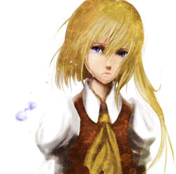 Rule 34 | 1girl, blonde hair, blouse, blue eyes, collared shirt, female focus, flandre scarlet, hair between eyes, realistic, ross (clumzero), shirt, solo, tears, touhou, upper body, white background, white shirt