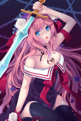 Rule 34 | arm up, ascot, bare shoulders, becky flina, black thighhighs, blue eyes, collarbone, flower, hair ribbon, holding, lowres, pink hair, ribbon, rose, solo, swept bangs, sword, sword girls, tattoo, thighhighs, weapon