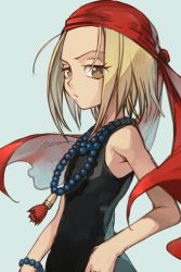 Rule 34 | 1girl, bandana, bare arms, bare shoulders, black shirt, blonde hair, blue background, brown eyes, from side, hungry clicker, jewelry, kyouyama anna, looking at viewer, necklace, parted lips, pearl necklace, shaman king, shirt, simple background, sleeveless, sleeveless shirt, solo, tassel