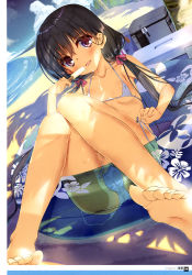 Rule 34 | 1girl, absurdres, artist name, ass, bare legs, bare shoulders, barefoot, beach, bikini, black hair, blue innertube, blue sky, blush, body blush, breasts, cameltoe, cleft of venus, cloud, cloudy sky, collarbone, dappled sunlight, day, dengeki moeou, eating, eyes visible through hair, feet, food, framed image, hair between eyes, hair over shoulder, hair ribbon, highres, holding, holding food, innertube, item request, kagome (traumatize), knees together feet apart, knees up, leaf print, low twintails, melting, micro bikini, mountain, nail polish, official art, on floor, open mouth, original, outdoors, page number, palm tree, pink ribbon, popsicle, print innertube, purple eyes, ribbon, sand, scan, sexually suggestive, shiny skin, shore, side-tie bikini bottom, sitting, sky, small breasts, soles, solo, sunlight, swim ring, swimsuit, toenail polish, toenails, tongue, tree, tree shade, twintails, untied bikini, untied bikini bottom, untying, water, wet, white bikini