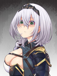Rule 34 | 1girl, armor, breasts, cleavage, cleavage cutout, clothing cutout, green eyes, grey background, grey hair, hair between eyes, highres, hololive, large breasts, looking at viewer, medium hair, mikan (chipstar182), mole, mole on breast, parted lips, pauldrons, shaded face, shirogane noel, shirogane noel (1st costume), shoulder armor, single pauldron, solo, upper body, virtual youtuber, wide-eyed