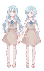 Rule 34 | 2girls, bang dream!, blue bow, blue bowtie, blue hair, bow, bowtie, brown dress, brown footwear, closed mouth, commentary request, dress, fresa pie, frown, full body, green eyes, grey pantyhose, hikawa hina, hikawa sayo, holding hands, long hair, medium hair, multiple girls, pantyhose, siblings, simple background, sisters, smile, twins, white background, white sleeves