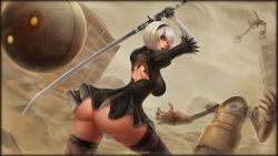 Rule 34 | 1girl, android, ass, back cutout, black dress, black hairband, blue eyes, boots, breasts, building, city, cleavage cutout, clothing cutout, cloud, cloudy sky, commentary, dress, feather-trimmed sleeves, fighting, from behind, gloves, hairband, high heel boots, high heels, holding, holding sword, holding weapon, juliet sleeves, katana, large breasts, leather, leather boots, long sleeves, nier (series), nier:automata, no blindfold, pod (nier:automata), puffy sleeves, robot, ruins, silver hair, sky, sword, thigh boots, thighhighs, thighhighs under boots, upskirt, vambraces, vempire, weapon, 2b (nier:automata)