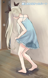 Rule 34 | 1girl, bare shoulders, barefoot, black ribbon, blonde hair, blue dress, door, dress, dress grab, female focus, from behind, full body, hair ribbon, heel up, highres, indoors, japanese text, long hair, original, pee, peeing, peeing self, puddle, ribbon, sleeveless, sleeveless dress, solo, standing, translation request, twintails, watakarashi, wet, wet clothes, wooden floor