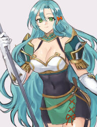 Rule 34 | 1girl, aqua hair, armor, bare shoulders, black dress, bow, breasts, chloe (fire emblem), cleavage, commentary request, covered navel, cowboy shot, dress, fire emblem, fire emblem engage, garter straps, gloves, green eyes, green skirt, grey background, hair bow, hazuki (nyorosuke), highres, holding, large breasts, long hair, looking at viewer, miniskirt, nintendo, orange bow, pencil dress, short dress, shoulder armor, simple background, skirt, smile, solo, standing, very long hair, white gloves
