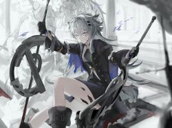 Rule 34 | 1girl, absurdres, animal ear fluff, animal ears, arknights, bare legs, black coat, black footwear, black gloves, black skirt, blood, blood on face, blue eyes, boots, closed mouth, coat, commentary request, dual wielding, feet out of frame, fire, gloves, grey hair, hair ornament, hairclip, highres, holding, holding sword, holding weapon, knee boots, lappland (arknights), lappland (refined horrormare) (arknights), long hair, long sleeves, looking at viewer, material growth, official alternate costume, open clothes, open coat, oripathy lesion (arknights), pleated skirt, purple fire, revision, sankichi (croquette crab), scar, scar across eye, scar on face, sitting, sitting on stairs, skirt, smile, solo, stairs, statue, sword, very long hair, weapon, wolf ears