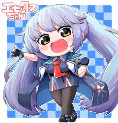 Rule 34 | 1girl, :d, ankle boots, azur lane, black footwear, black pantyhose, blue background, blue cloak, blue dress, blue gloves, blue hair, blush, boots, braid, breasts, brown eyes, checkered background, chibi, cleavage, clenched hand, cloak, clothes writing, collared dress, commentary request, dress, essex (azur lane), french braid, full body, gloves, highres, kado (hametunoasioto), large breasts, long hair, looking at viewer, necktie, open mouth, outstretched arm, pantyhose, partial commentary, partially fingerless gloves, red necktie, sidelocks, smile, solo, standing, twintails, underbust, very long hair, white background