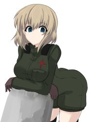 Rule 34 | 1girl, absurdres, aikir (jml5160), blonde hair, blue eyes, breasts, brown gloves, dutch angle, girls und panzer, gloves, highres, katyusha (girls und panzer), leaning forward, leaning on object, looking at viewer, medium breasts, aged up, pravda military uniform, skindentation, solo, white background, wide-eyed