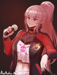 Rule 34 | 1girl, absurdres, aestheticc-meme, artist name, breasts, cleavage, cropped shirt, fingernails, grin, highres, holding, holding microphone, hololive, hololive english, jacket, jewelry, large breasts, long hair, microphone, mori calliope, mori calliope (streetwear), necklace, official alternate costume, pink hair, ponytail, red eyes, red nails, smile, solo, sparkle, upper body, virtual youtuber