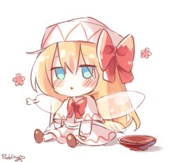 Rule 34 | 1girl, artist name, bad id, bad pixiv id, blonde hair, blue eyes, blush, bow, bowl, bowtie, brown footwear, capelet, chibi, dress, fairy wings, flower, hair between eyes, hat, hat bow, highres, lily white, long hair, long sleeves, looking away, open mouth, pudding (skymint 028), red bow, red bowtie, sigh, signature, simple background, sitting, solo, touhou, white background, white capelet, white dress, white hat, white sleeves, wings