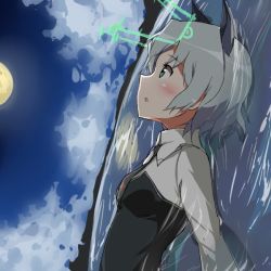 Rule 34 | 1girl, animal ears, bad id, bad pixiv id, blush, cat ears, cloud, green eyes, hirschgeweih antennas, military, military uniform, moko924, moon, necktie, partially submerged, sanya v. litvyak, short hair, silver hair, sky, solo, strike witches, suisen toire (moko924), uniform, water, world witches series