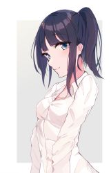 Rule 34 | 1girl, arms at sides, black hair, blue eyes, blunt bangs, blush, breasts, buttons, cleavage, collared shirt, eyelashes, gradient background, grey background, hair ribbon, highres, hyakunin momoko, long hair, looking at viewer, looking to the side, medium breasts, original, partially unbuttoned, ponytail, rectangle, ribbon, shirt, sidelocks, simple background, smile, solo, tareme, white background, white shirt