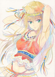 Rule 34 | 1girl, agahari, armpits, arms behind head, beads, blonde hair, bracelet, braid, dancer, dancing, frilled shirt, frills, graphite (medium), green eyes, hair beads, hair ornament, headdress, highres, jewelry, long hair, looking at viewer, midriff, navel, necklace, original, painting (medium), scan, scan artifacts, shirt, side braids, simple background, solo, tank top, tooth, tooth necklace, traditional media, twin braids, upper body, watercolor (medium), white background