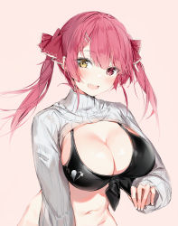 Rule 34 | 1girl, absurdres, alternate costume, bikini, bikini top only, black bikini, blush, breasts, cleavage, commentary request, hair ribbon, heterochromia, highres, hololive, houshou marine, large breasts, long hair, long sleeves, looking at viewer, navel, open mouth, red eyes, red hair, red ribbon, ribbon, shrug (clothing), silver (chenwen), smile, solo, swimsuit, twintails, virtual youtuber, yellow eyes