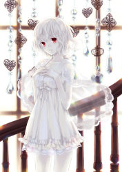 Rule 34 | 1girl, albino, blonde hair, capelet, crystal, dress, hands on own chest, lace, looking at viewer, original, pale skin, parted lips, red eyes, short hair, solo, stairs, uzuki eri, white dress, white hair, window