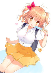 Rule 34 | 1girl, :p, backpack, bag, black socks, breasts, dress shirt, food, heart, kneehighs, large breasts, looking at viewer, matching hair/eyes, orange eyes, orange hair, original, piyodera mucha, popsicle, shirt, short sleeves, simple background, skirt, smile, socks, solo, tongue, tongue out, twintails, two side up, watch, white background, wristwatch