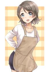 Rule 34 | 1girl, :d, apron, arms behind back, black skirt, blue eyes, blush, breasts, brown apron, brown hair, collarbone, commentary request, cowboy shot, head tilt, long sleeves, looking at viewer, love live!, love live! school idol festival, love live! sunshine!!, open mouth, plaid, shirt, sin (sin52y), skirt, small breasts, smile, solo, watanabe you, white background, white shirt