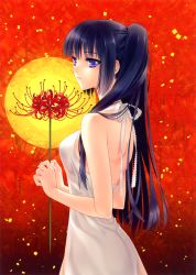 Rule 34 | 1girl, absurdres, bare shoulders, carnelian, dress, floral print, flower, highres, huge filesize, lips, long hair, original, parted lips, ponytail, purple eyes, purple hair, scan, see-through silhouette, solo, spider lily print, white dress