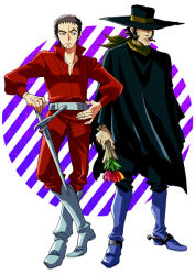 Rule 34 | 2boys, belt, black cape, black hair, black headwear, blue footwear, boots, cape, cigar, flower, frown, grey footwear, hand on own hip, holding, holding flower, holding sword, holding weapon, kid horla, mouth hold, multiple boys, pin karo, red shirt, sentou mecha xabungle, shirt, sideburns, simple background, spurs, standing, sword, teeth hold, timp sharon, weapon
