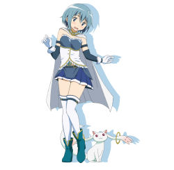 Rule 34 | 10s, 1girl, :3, belt, blue eyes, blue hair, blush, buckle, cape, creature, elbow gloves, frills, gloves, high heels, kyubey, magical girl, mahou shoujo madoka magica, mahou shoujo madoka magica (anime), miki sayaka, open mouth, red eyes, rp (necho), shoes, short hair, skirt, thighhighs, white thighhighs