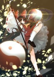 Rule 34 | 1girl, ahoge, arm up, armpits, ascot, blurry, bow, brown hair, detached sleeves, dress, emoticon, frilled bow, frilled dress, frills, gohei, hair bow, hakurei reimu, highres, lens flare, loafers, long hair, nakano elsa, open mouth, orb, petals, ponytail, red bow, red dress, ribbon trim, sarashi, shoes, sidelocks, socks, solo, standing, standing on one leg, touhou, very long hair, white socks, wide sleeves, yellow ascot, yellow eyes, yin yang, yin yang orb