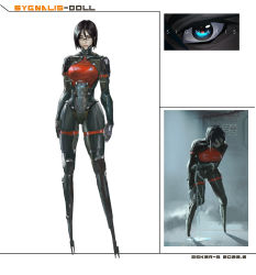 Rule 34 | 1girl, absurdres, android, arms at sides, artist name, beask, black hair, blue eyes, commentary, damaged, dated, elster (signalis), english commentary, english text, full body, highres, joints, mixed-language commentary, no feet, robot joints, short hair, signalis, standing, white background