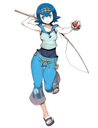 Rule 34 | 1girl, baggy pants, blue eyes, blue hair, blue sailor collar, bright pupils, capri pants, covered navel, creatures (company), fishing rod, full body, game freak, genzoman, holding, lana (pokemon), looking at viewer, matching hair/eyes, midriff, nintendo, pants, poke ball, poke ball (basic), pokemon, pokemon sm, sailor collar, sandals, simple background, sleeveless, smile, solo, straight-on, swimsuit, swimsuit under clothes, trial captain, white background