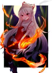 Rule 34 | 1girl, bow, cigarette, collared shirt, fire, fujiwara no mokou, full moon, hair bow, highres, long hair, looking at viewer, moon, night, ofuda, ofuda on clothes, outdoors, outside border, pants, red eyes, red pants, shion 343, shirt, smoking, solo, suspenders, touhou, very long hair, white bow, white hair, white shirt