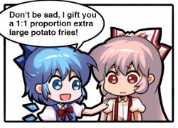 Rule 34 | 2girls, blue eyes, blue hair, bow, chibi, cirno, closed mouth, commentary, english text, engrish text, fujiwara no mokou, hair bow, hand on another&#039;s shoulder, ice, ice wings, jokanhiyou, lowres, multiple girls, open mouth, puffy short sleeves, puffy sleeves, raised eyebrows, ranguage, shirt, short sleeves, smile, speech bubble, suspenders, symbol-only commentary, touhou, two-tone bow, upper body, white bow, white shirt, wings