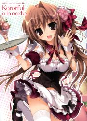 Rule 34 | 1girl, :d, absurdres, apron, breasts, brown hair, cleavage, clothes lift, detached collar, detached sleeves, fang, hair ornament, hairclip, head tilt, heart, heart hair ornament, highres, karory, leg up, long hair, looking at viewer, mary janes, navel, open mouth, parfait, purple eyes, shoes, skirt, skirt lift, smile, standing, standing on one leg, thighhighs, tray, underbust, waist apron, white thighhighs, wrist cuffs, zettai ryouiki