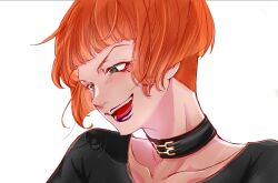 1girl black_shirt blunt_bangs chianti_(meitantei_conan) choker evil_smile eyelashes green_eyes looking_ahead looking_down meitantei_conan nobi_hitsuji orange_background profile purple_lips shirt simple_background smile solo teeth undercut upper_teeth_only white_background