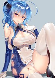 Rule 34 | 1girl, ahoge, azur lane, blue hair, blush, breasts, cameltoe, cleavage, collarbone, criss-cross halter, dress, elbow gloves, gloves, grey background, halter dress, halterneck, hand on own chest, high heels, highres, large breasts, leg up, long hair, looking at viewer, parted lips, ponytail, purple eyes, sanshoku amido, simple background, sitting, solo, st. louis (azur lane), thighhighs, two-tone dress, two-tone gloves, white thighhighs